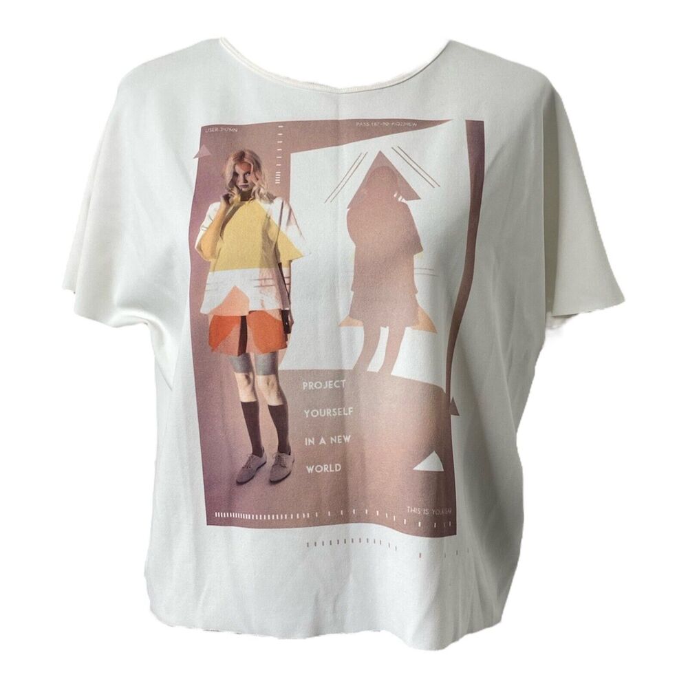 Womens Large Shirt Zara WB Collection White Graphic Print Short Sleeve